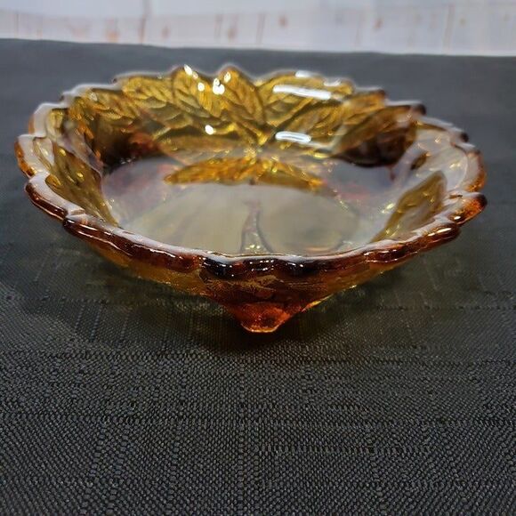 Beautiful Indiana Glass Gold Amber Pear Footed Condiment Bowl Candy Dish - Picture 3 of 8